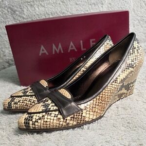 Amalfi by Rangoni Snake Print‎ Italian Leather Wedge Pumps 8M Black Brown NEW